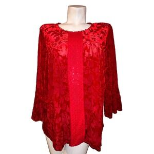 John Paul Richard Red Burnout Velvet Bell Sleeve Blouse Crochet Lace Size Large